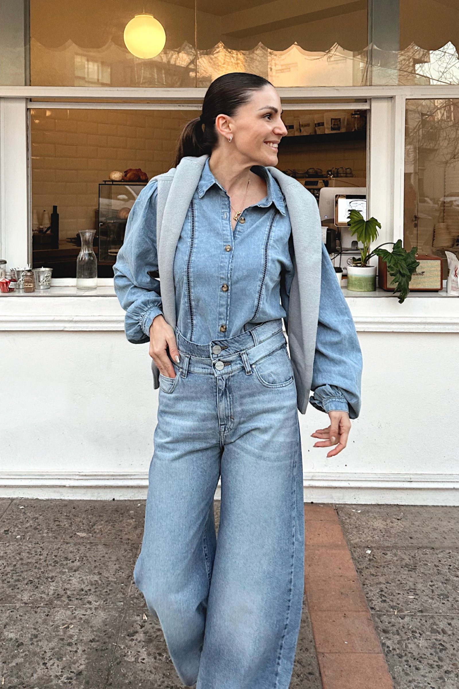 PANTALON DENIM ANCHO DOBLE CINTURA LAVADO