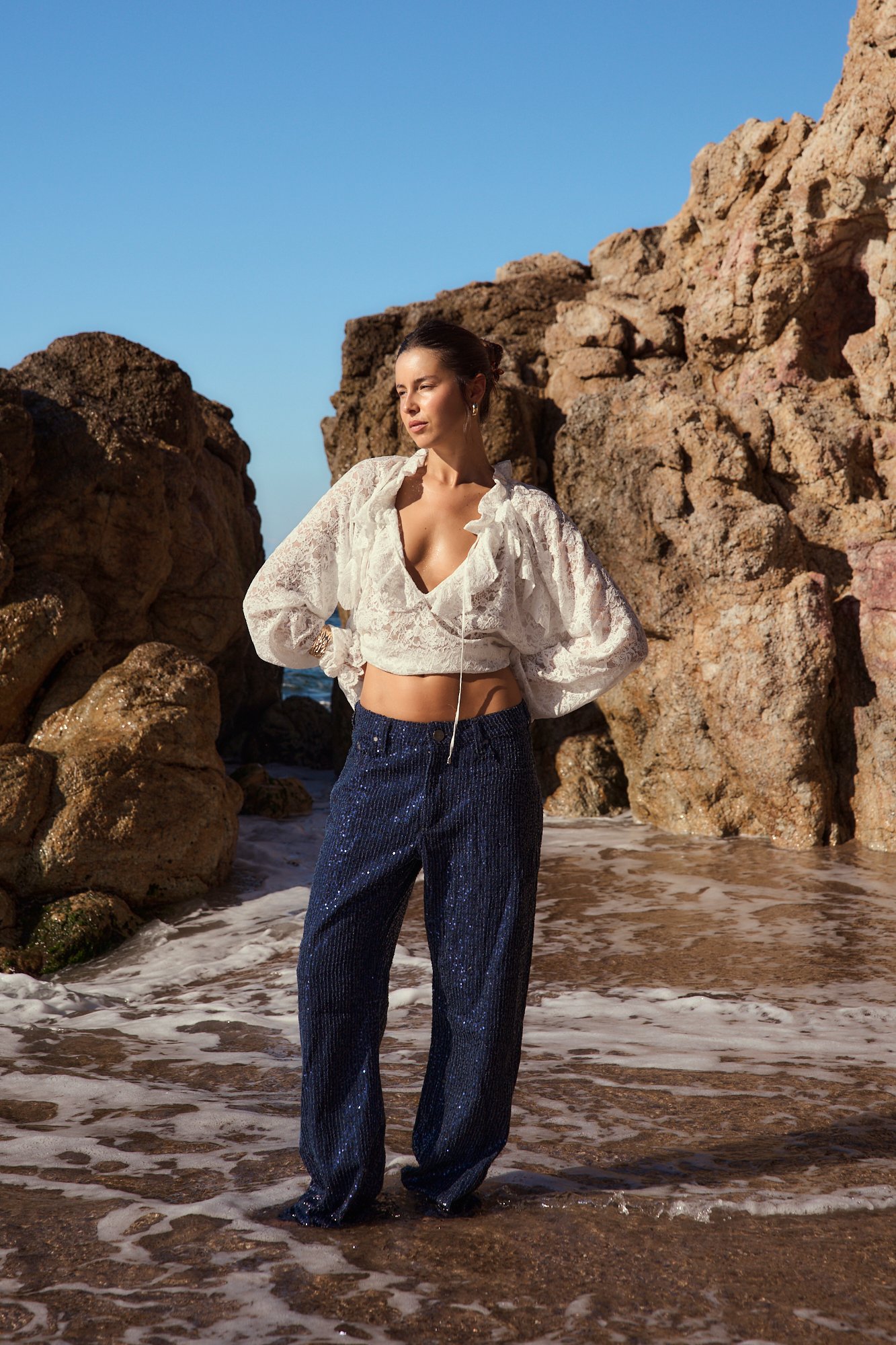 Pantalón dad denim con lentejuelas AZUL