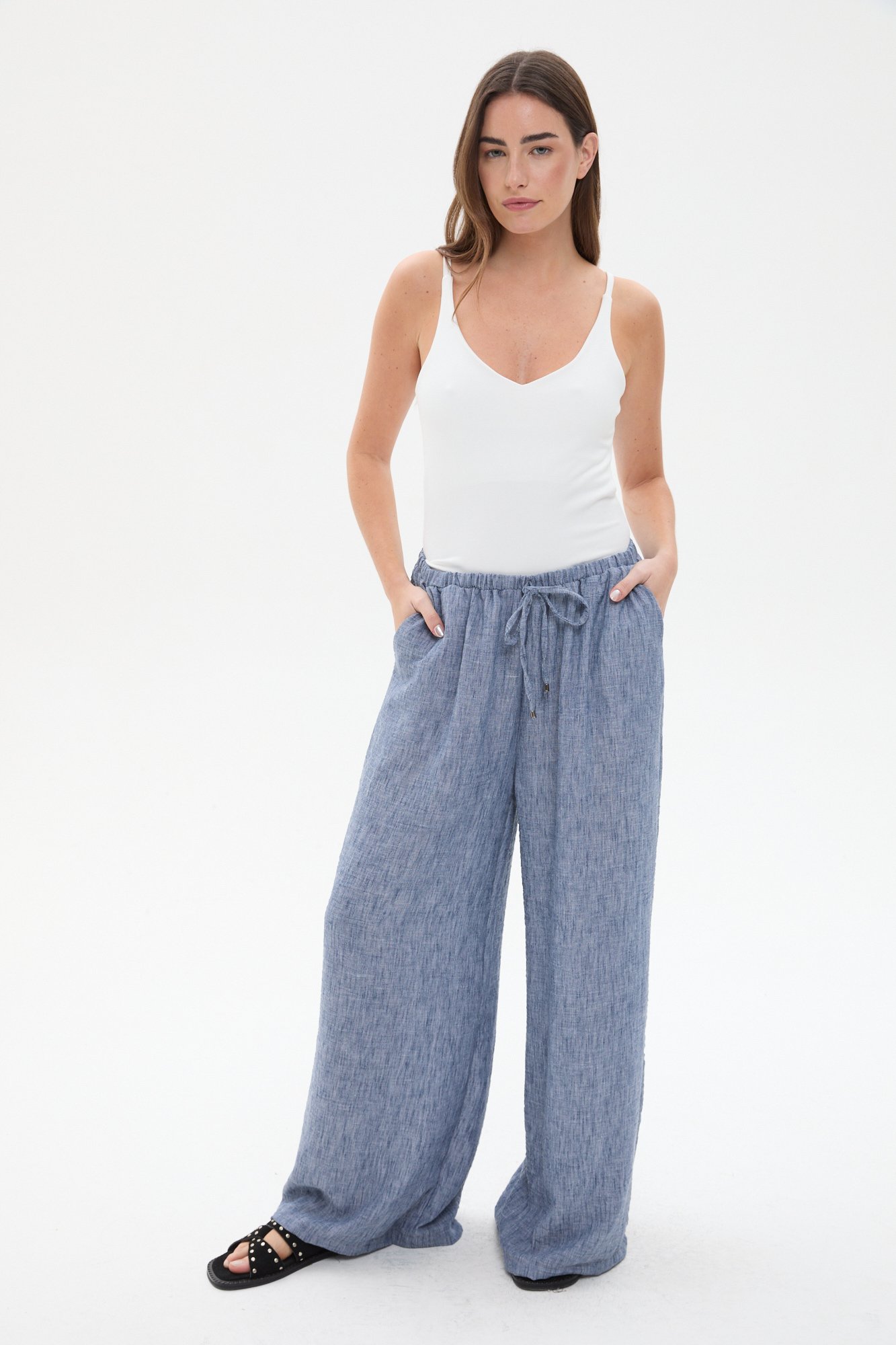 Pantalón de lino con elástico en cintura AZUL