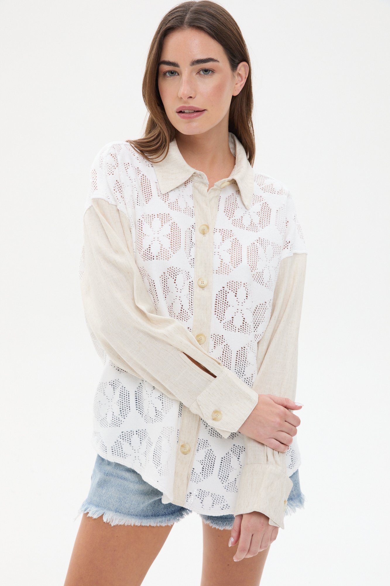 CAMISA COMBINADA GUIPURE Y TELA TIPO LINO CRUDO