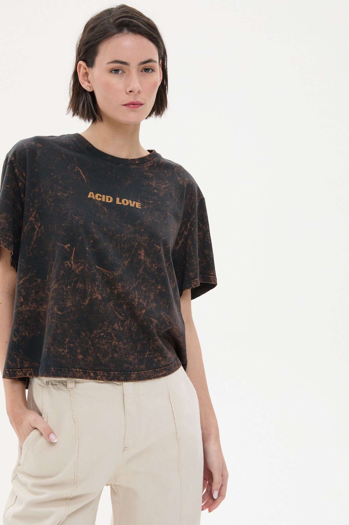 Remera con lavado y estampa Acid Love COBRE