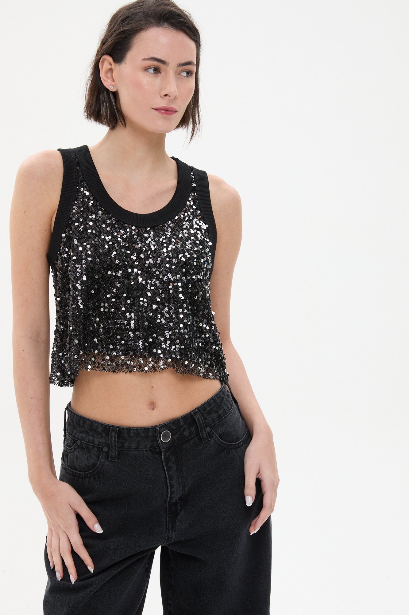 Top de lentejuelas con vivos NEGRO