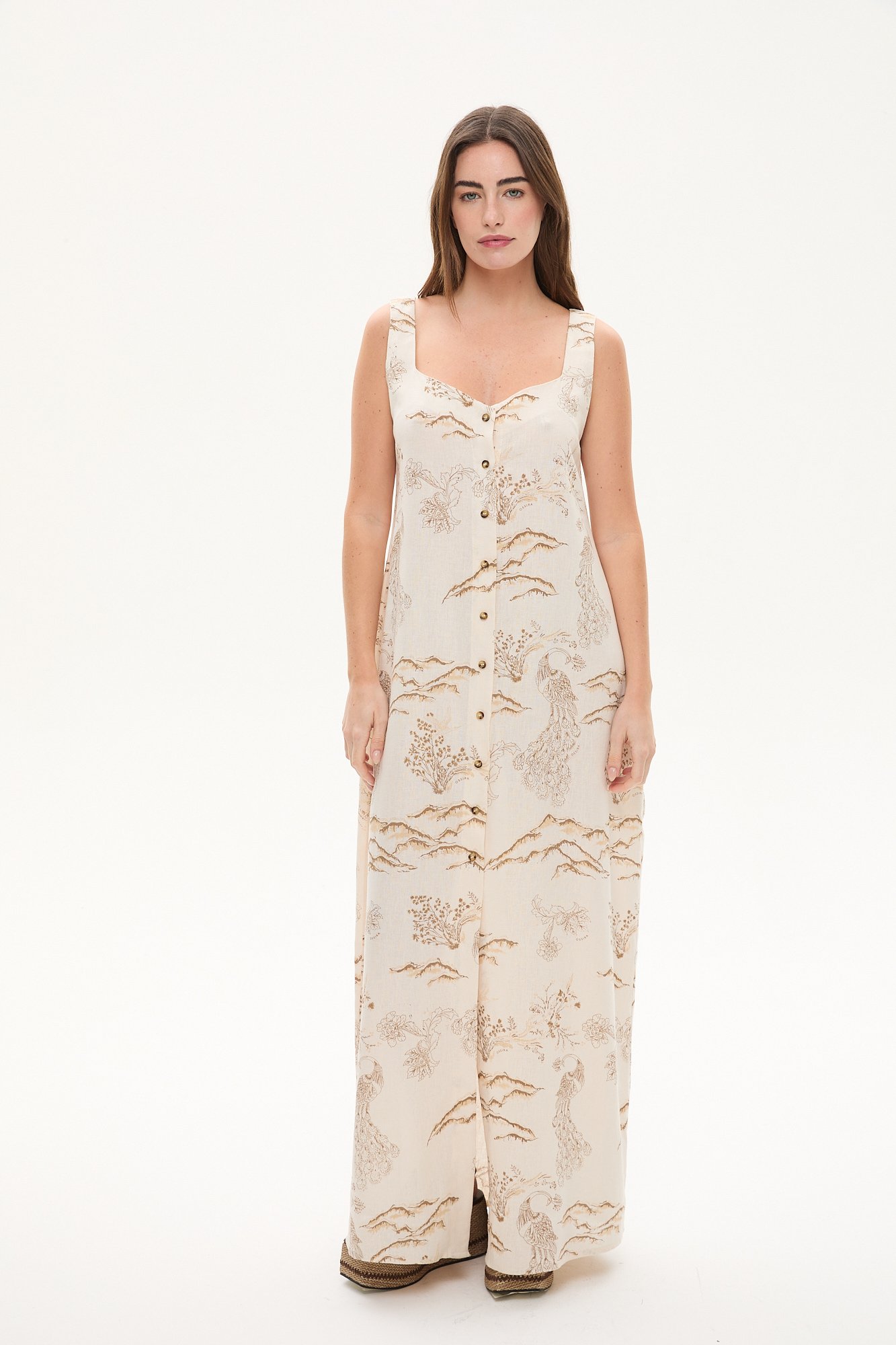 Vestido largo lino estampado con botones BEIGE