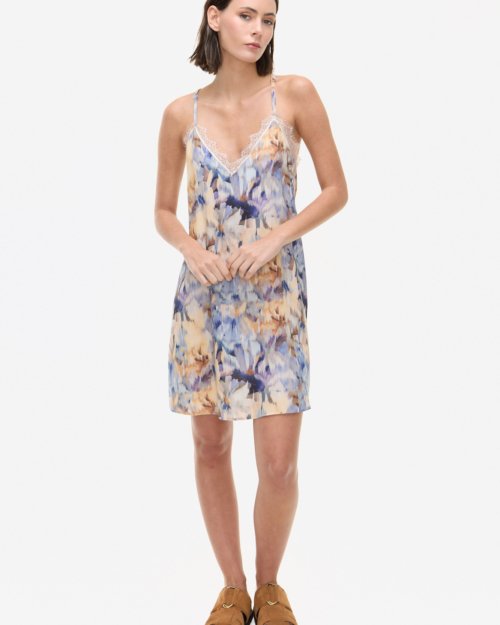 Vestido corto estampado con puntilla MULTICOLOR