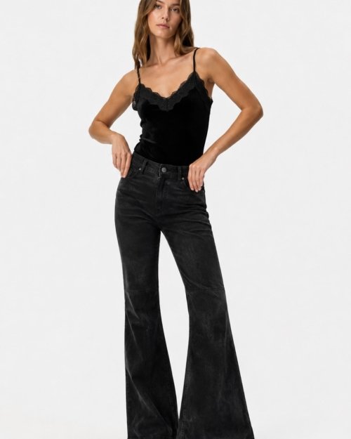 Pantalón oxford de pu gastado con recorte NEGRO