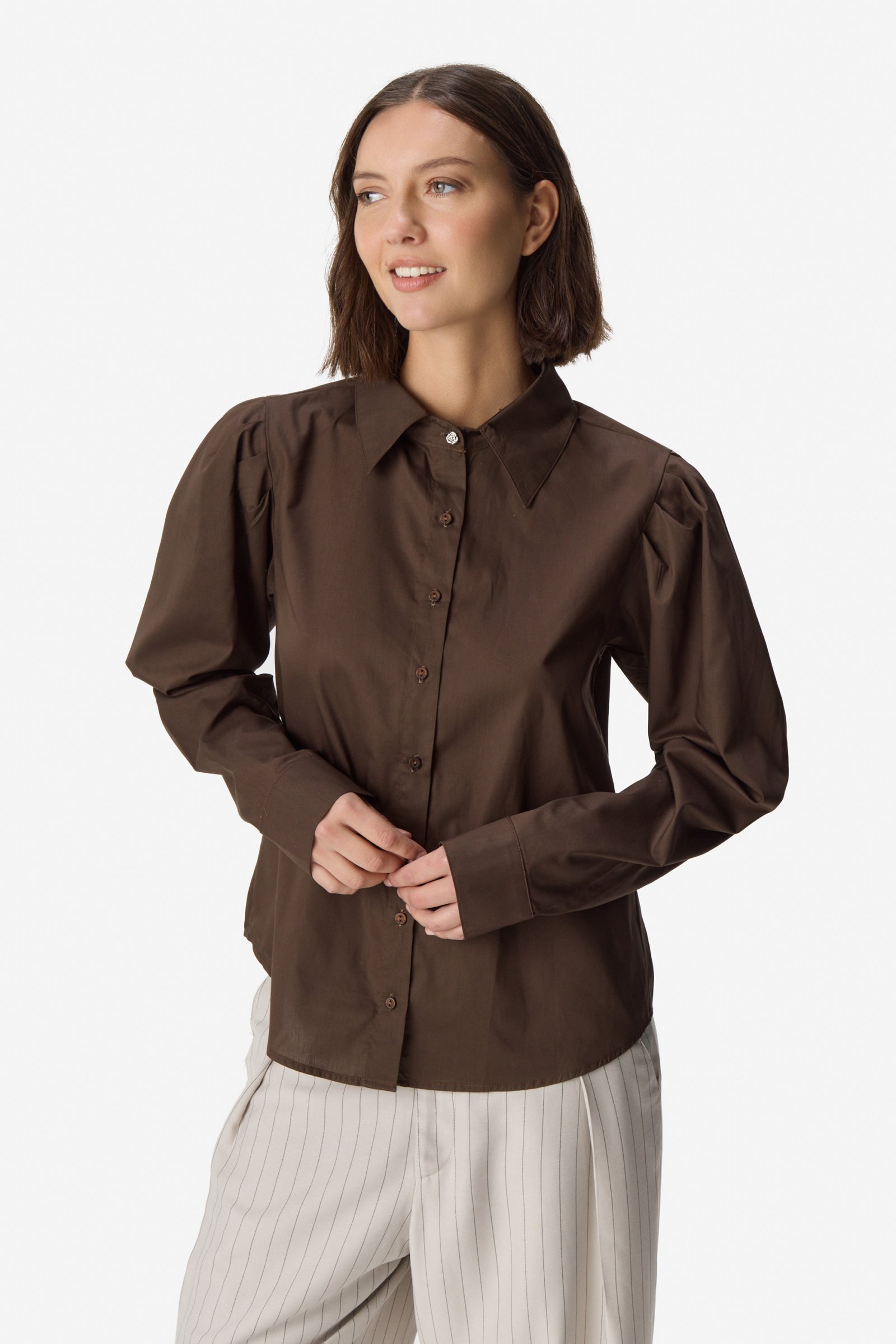 Camisa de poplin mangas princesa MARRÓN